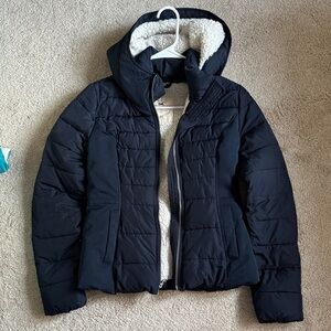 Hollister Navy Blue Hooded Puffer Jacket with Sherpa Lining
